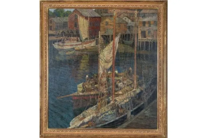 Production art for Artful Conversations: “Morning, Gloucester Harbor,” by Frederick J. Mulhaupt