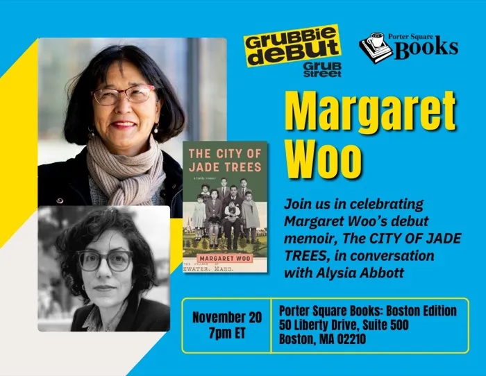 Production art for Grubbie Debut: Margaret Woo, author of The City of Jade Trees, in conversation with Alysia Abbott