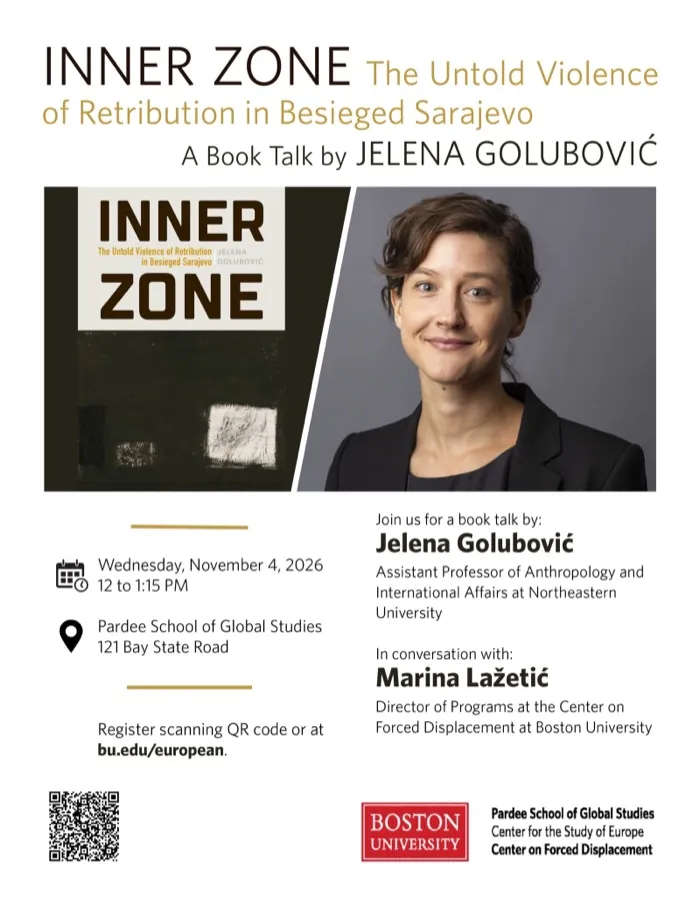 Production art for Inner Zone: The Untold Violence of Retribution in Besieged Sarajevo—A Book Talk by Jelena Diab Golubović