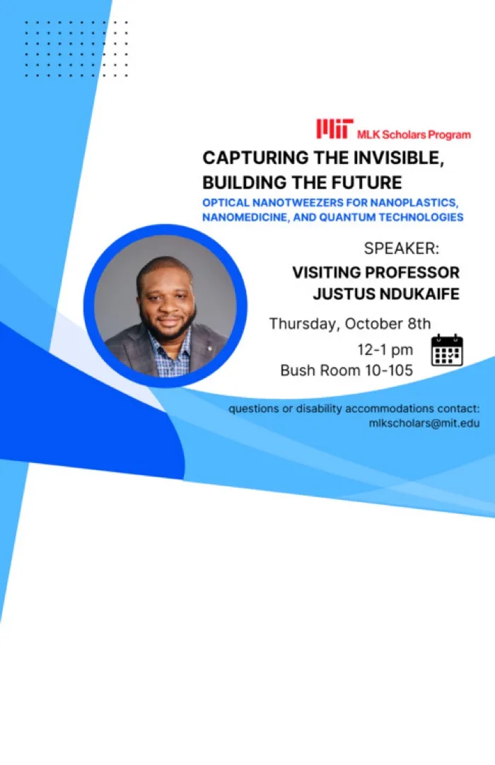 Production art for MLK Scholar Presentation: Justus Ndukaife on Optical Nanotweezers