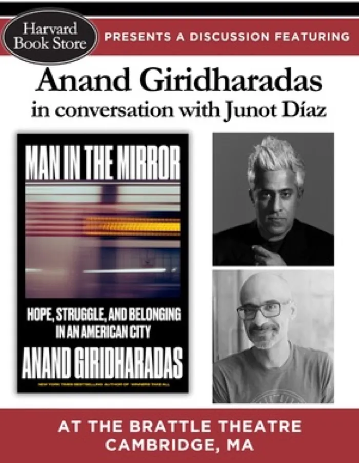 Production art for Anand Giridharadas at The Brattle Theatre